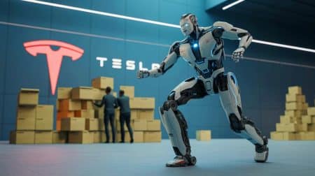 Illustration de Tesla Optimus effectuant des tâches ménagères dans un salon moderne