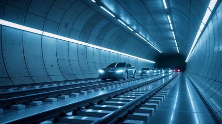 Illustration de la transformation d'un tunnel ferroviaire en centre d'essai automobile high-tech.