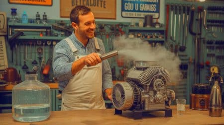 Illustration de l'injection d'eau dans un moteur thermique pour améliorer l'efficacité énergétique.