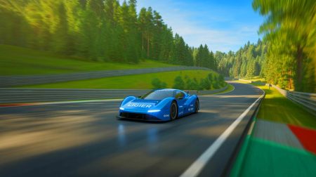 Illustration de la Ligier JS50 électrique sur le circuit de Nürburgring. Image réalisée par IA.