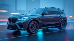 Illustration de la transformation du BMW X5 M Competition par 3D Design avec une finition noire glacée.