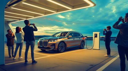 Illustration de la technologie EREV sur le futur BMW iX5 électrique dans un environnement urbain moderne.