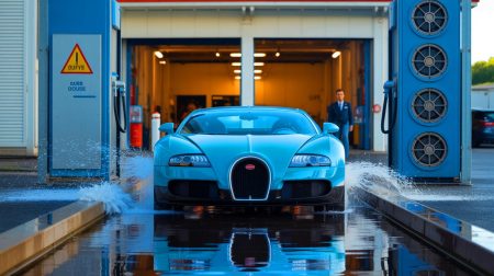 Illustration de la Bugatti Veyron coincée dans un lavage automatique à Monaco. Image réalisée par IA.
