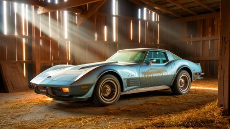Illustration de la redécouverte d'une Chevrolet Corvette Silver Anniversary de 1978 après 37 ans d'abandon.