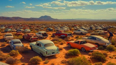 Illustration de plus de 10 000 voitures classiques américaines dans un cimetière automobile en Arizona.