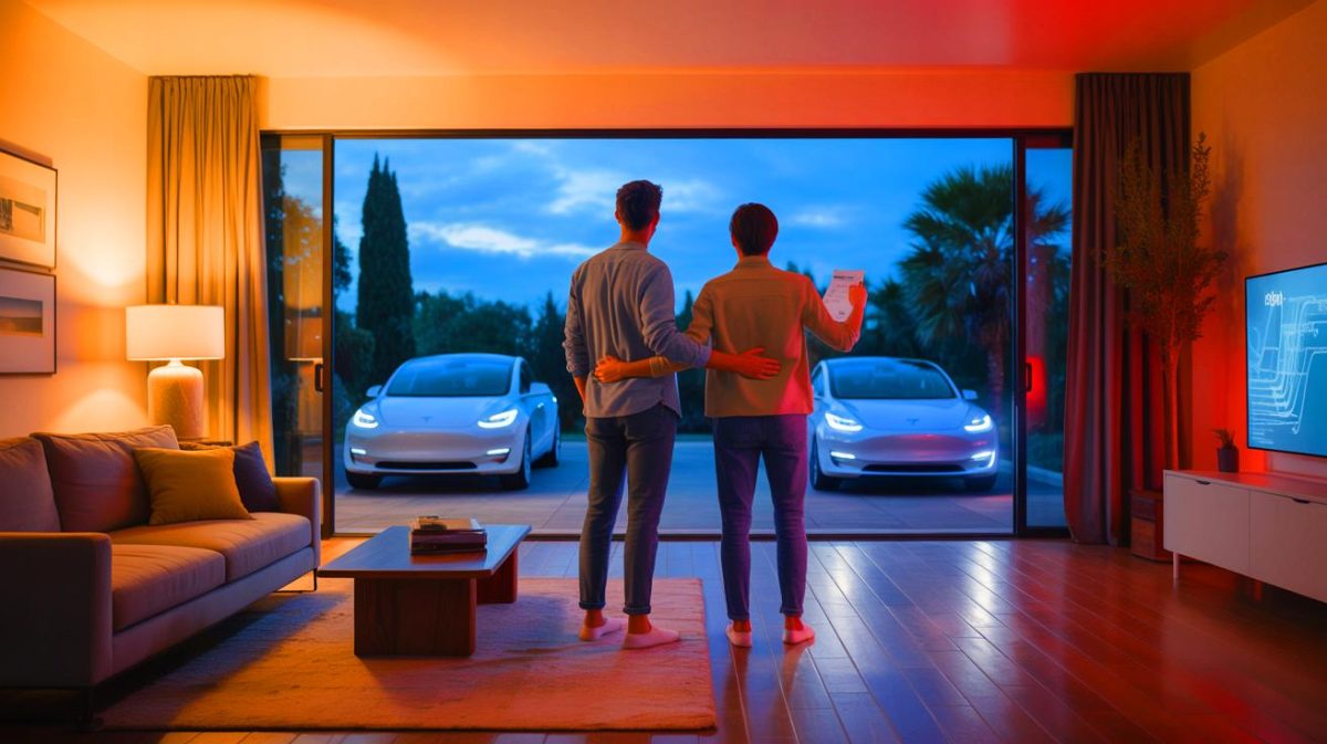 Illustration de l'impact des véhicules électriques Tesla sur les factures d'énergie dans un cadre résidentiel moderne.