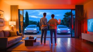 Illustration de l'impact des véhicules électriques Tesla sur les factures d'énergie dans un cadre résidentiel moderne.
