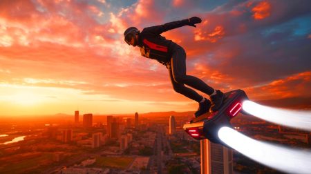 Illustration du Flyboard Air, innovation aérienne de Zapata Racing. Image réalisée par IA.