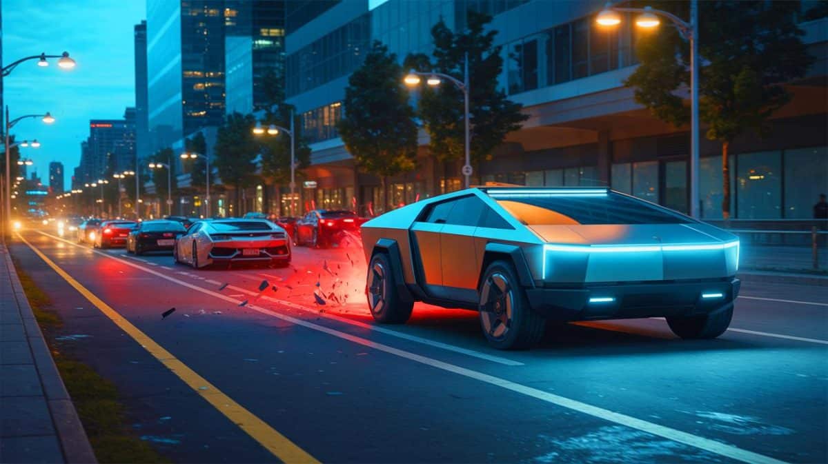 Illustration de l'accident nocturne impliquant un Tesla Cybertruck et plusieurs voitures stationnées à Miami.