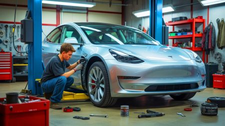 Illustration de la restauration audacieuse d'une Tesla Model 3 par un jeune passionné, créée par intelligence artificielle.