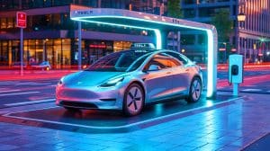 Illustration de la recharge sans fil du Robotaxi de Tesla en action. Image réalisée par IA.