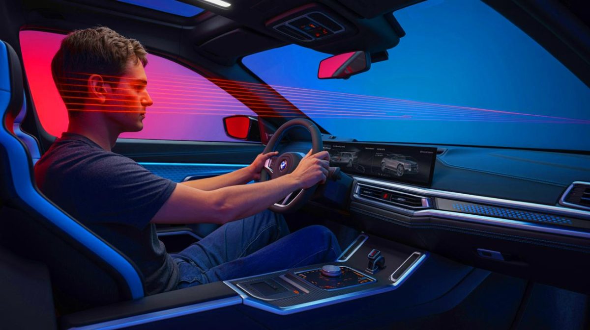 Illustration de la future BMW M3 dans un cadre urbain moderne et technologique.