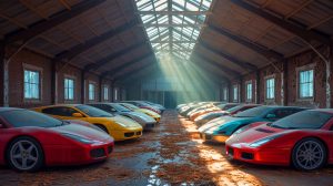 Illustration de supercars inestimables laissées à l'abandon dans une grange.