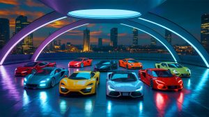 Illustration de voitures de luxe et de supercars de 2019, créée par intelligence artificielle.