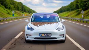 Illustration de la Tesla Model 3 roulant à grande vitesse sur l'autobahn avec son pare-chocs avant couvert d'insectes.