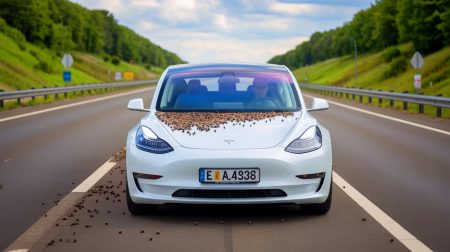 Illustration de la Tesla Model 3 roulant à grande vitesse sur l'autobahn avec son pare-chocs avant couvert d'insectes.