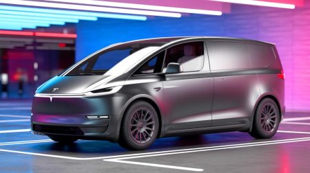 Illustration de la Tesla Model V, un van électrique au design innovant, générée par intelligence artificielle.