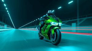 Illustration de la Kawasaki Ninja H2R atteignant une vitesse incroyable, générée par intelligence artificielle.