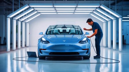 Illustration de l'augmentation d'autonomie des véhicules Tesla en Chine, générée par intelligence artificielle.