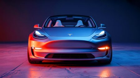 Illustration de la transformation d'une Tesla Model S avec un moteur V-8 visible dans un garage moderne.