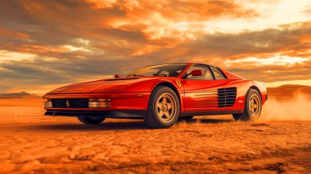 Illustration de la transformation radicale d'une Ferrari Testarossa en un véhicule à six roues au style inspiré de l'univers de Mad Max.