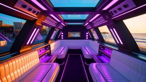Illustration de la limousine la plus longue du monde, équipée d'un jacuzzi et d'un héliport, sur une rue animée de Las Vegas.