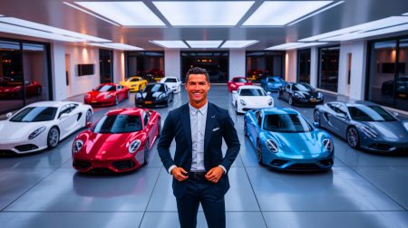 Illustration de la collection de voitures de luxe de Cristiano Ronaldo dans un garage opulent.