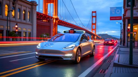 Illustration de l'expansion des robotaxis Tesla dans la baie de San Francisco, générée par intelligence artificielle.