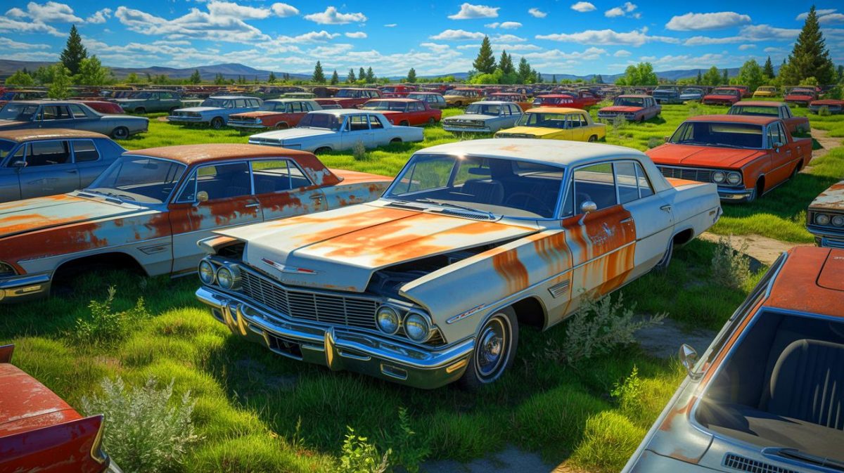Illustration de la vaste casse automobile en Idaho, regorgeant de véhicules anciens à perte de vue.