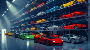 Illustration de supercars de luxe abandonnées dans un cimetière automobile à Dubaï.