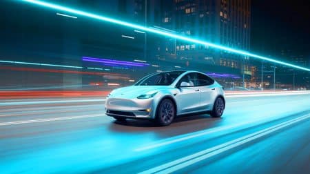 Illustration de la Tesla Model Y roulant de manière autonome sur une autoroute