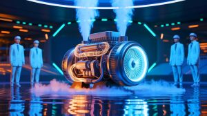 Illustration de l'innovation du moteur à eau d'AVL Racetech, créée par intelligence artificielle.