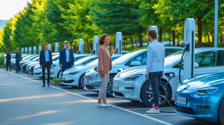Illustration de la diversité des voitures électriques dans un paysage urbain européen moderne.