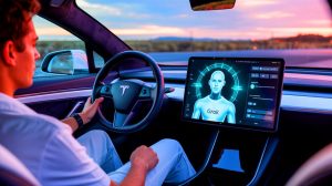 Illustration de l'intégration de Grok, le modèle de langage de xAI, dans les véhicules Tesla, générée par intelligence artificielle.