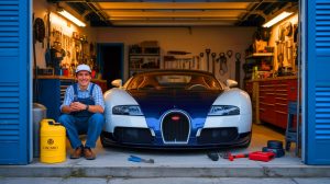 Illustration d'un propriétaire de Bugatti Veyron effectuant lui-même l'entretien de son véhicule, générée par intelligence artificielle.