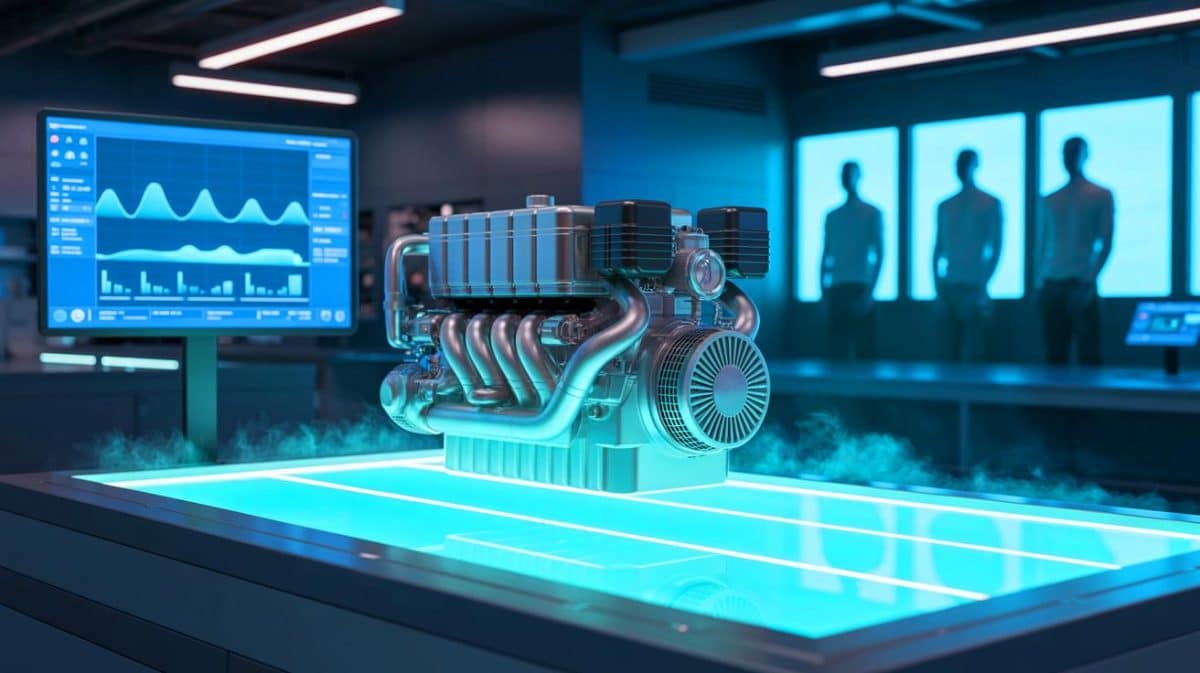 Illustration de la technologie innovante d'un moteur à eau de 410 chevaux, générée par intelligence artificielle.