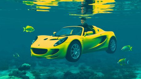 Illustration de la première voiture sous-marine Squba, une création générée par intelligence artificielle.