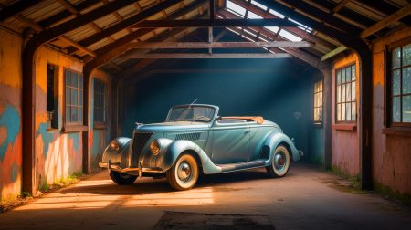 Illustration de la découverte d'un rare Ford Club Cabriolet de 1936, générée par intelligence artificielle.