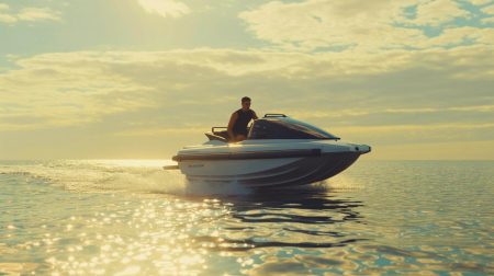 Illustration de l'Overboat, un engin nautique hybride entre jet-ski et catamaran.