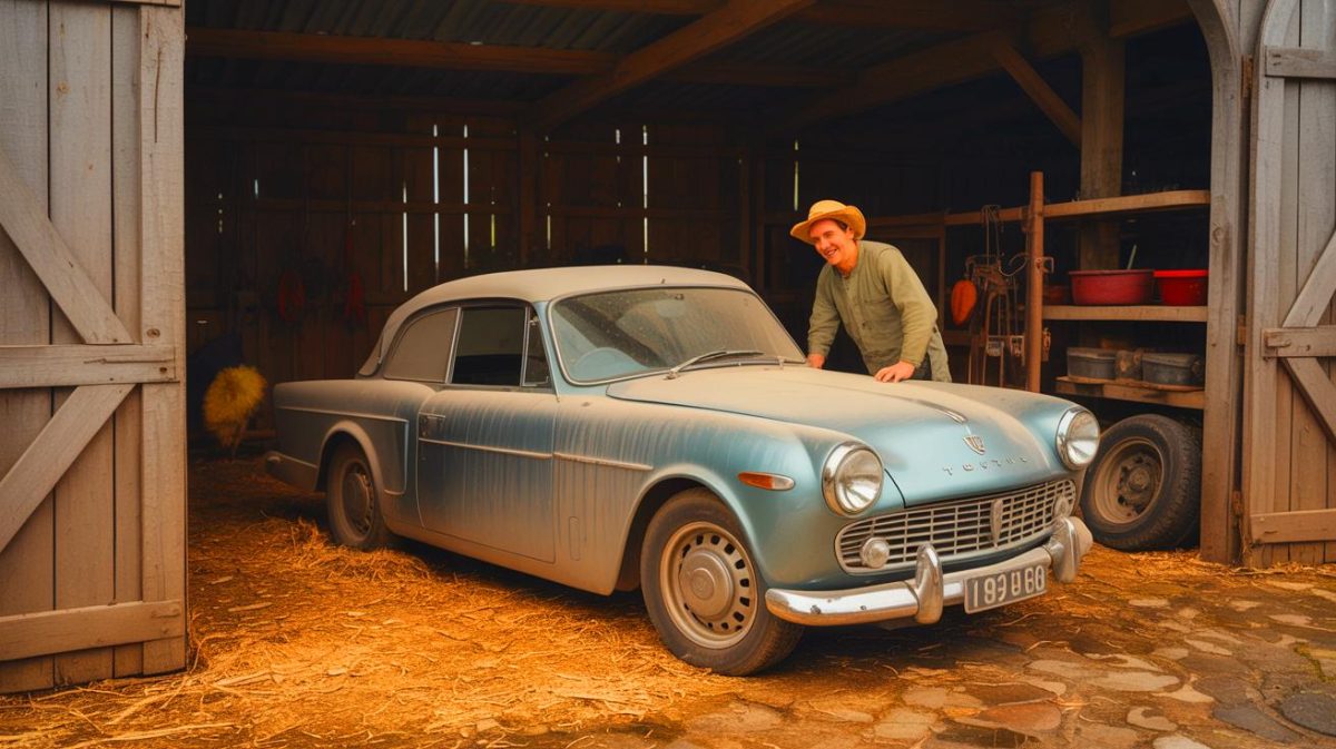 Illustration de la découverte d'une Triumph sportive de 1962 abandonnée dans une ferme britannique.