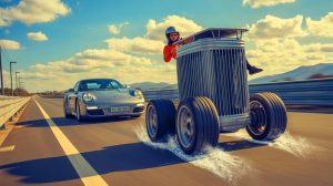 Illustration de la poubelle motorisée atteignant 101 km/h, générée par intelligence artificielle.