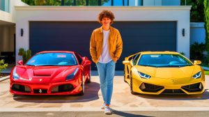 Illustration de Haziq Nasri devant une collection de voitures de luxe.