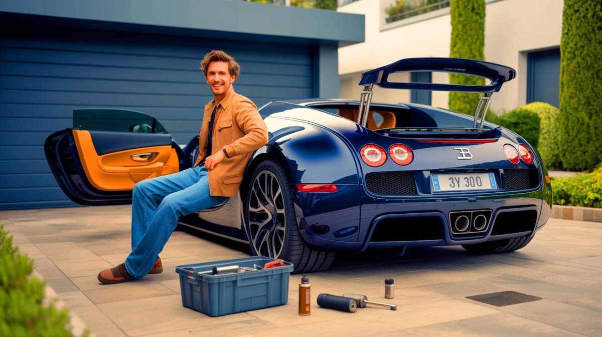 Illustration de l'entretien économique d'une Bugatti Veyron réalisé par un propriétaire ingénieux. Image réalisée par IA.