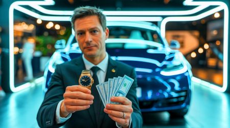 Illustration de l'échange audacieux d'un Rolex en or contre une Tesla, générée par intelligence artificielle.