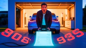 Illustration de la recharge à domicile d'une Tesla Model 3 dans un garage moderne et bien éclairé.