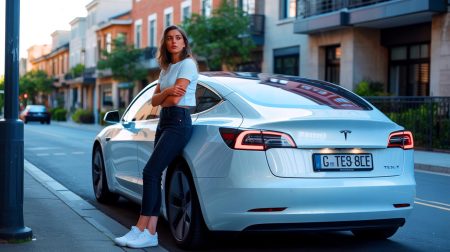 Illustration de la frustration d'une jeune conductrice face à sa Tesla Model 3