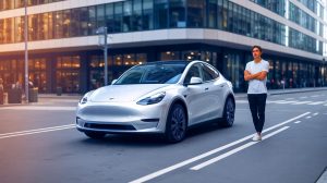 Illustration de la Tesla Model Y Juniper avec son design extérieur futuriste. Image réalisée par IA.