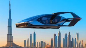 Illustration de la voiture volante XPeng X2 lors de son premier vol public à Dubaï. Image réalisée par IA.