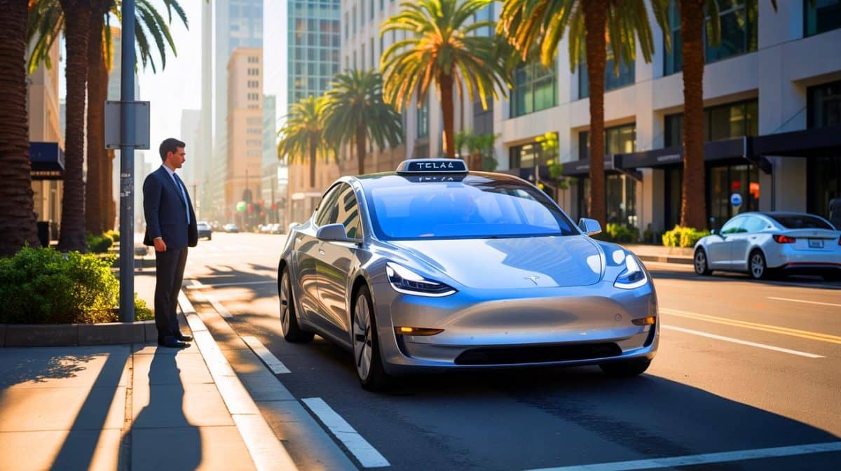 Illustration de l'absence de demande de permis pour les robotaxis de Tesla en Californie, générée par intelligence artificielle.