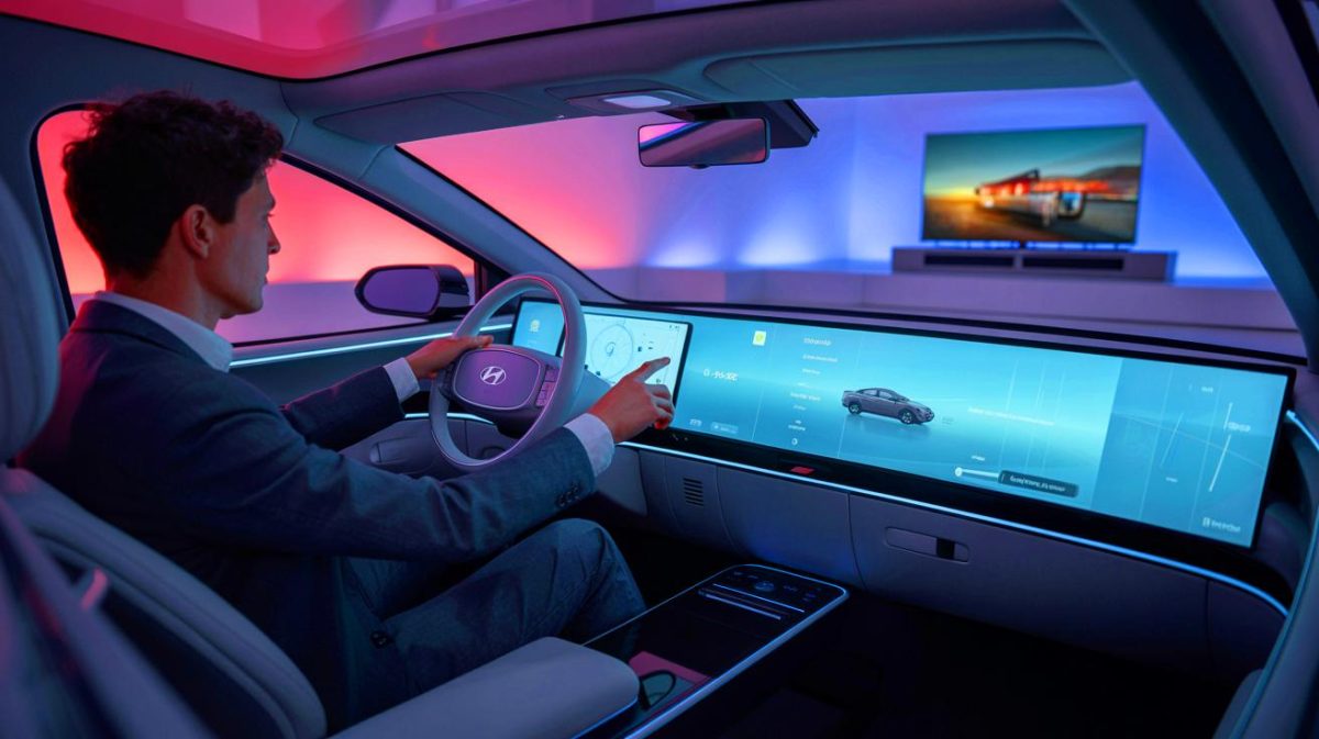 Illustration de l'intérieur futuriste du SUV électrique Hyundai Elexio avec un écran double de 27 pouces et un design minimaliste.